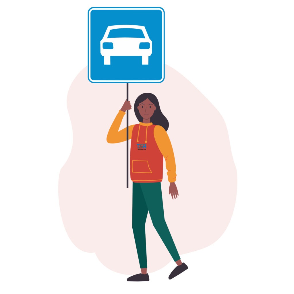 De autoweg Theorie-examen afbeelding met een meisje dat een verkeersbord voor verplicht motorvoertuigenpad omhoog houdt.