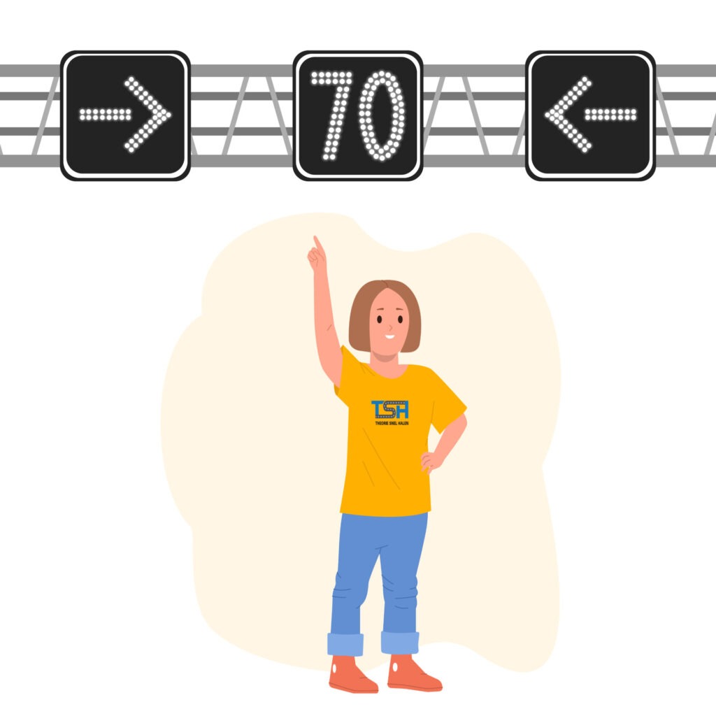Maximumsnelheid matrixbord Meisje in TSH-shirt wijst naar matrixbord met 70 km/h en rijstrookpijlen—handige hint voor theorie-examen oefenen.
