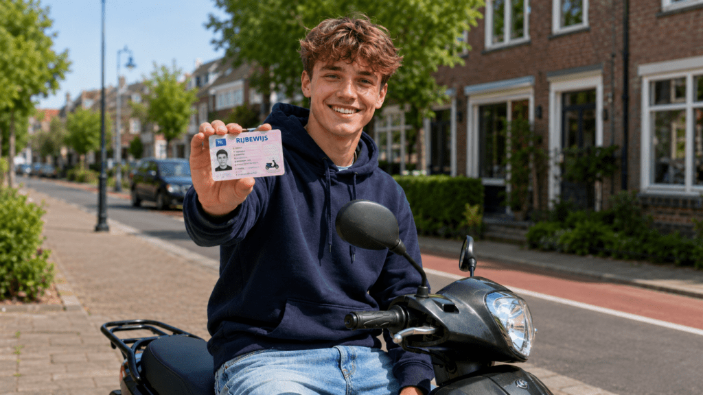 Jongen geslaagd voor scooter examen met rijbewijs in zijn hand