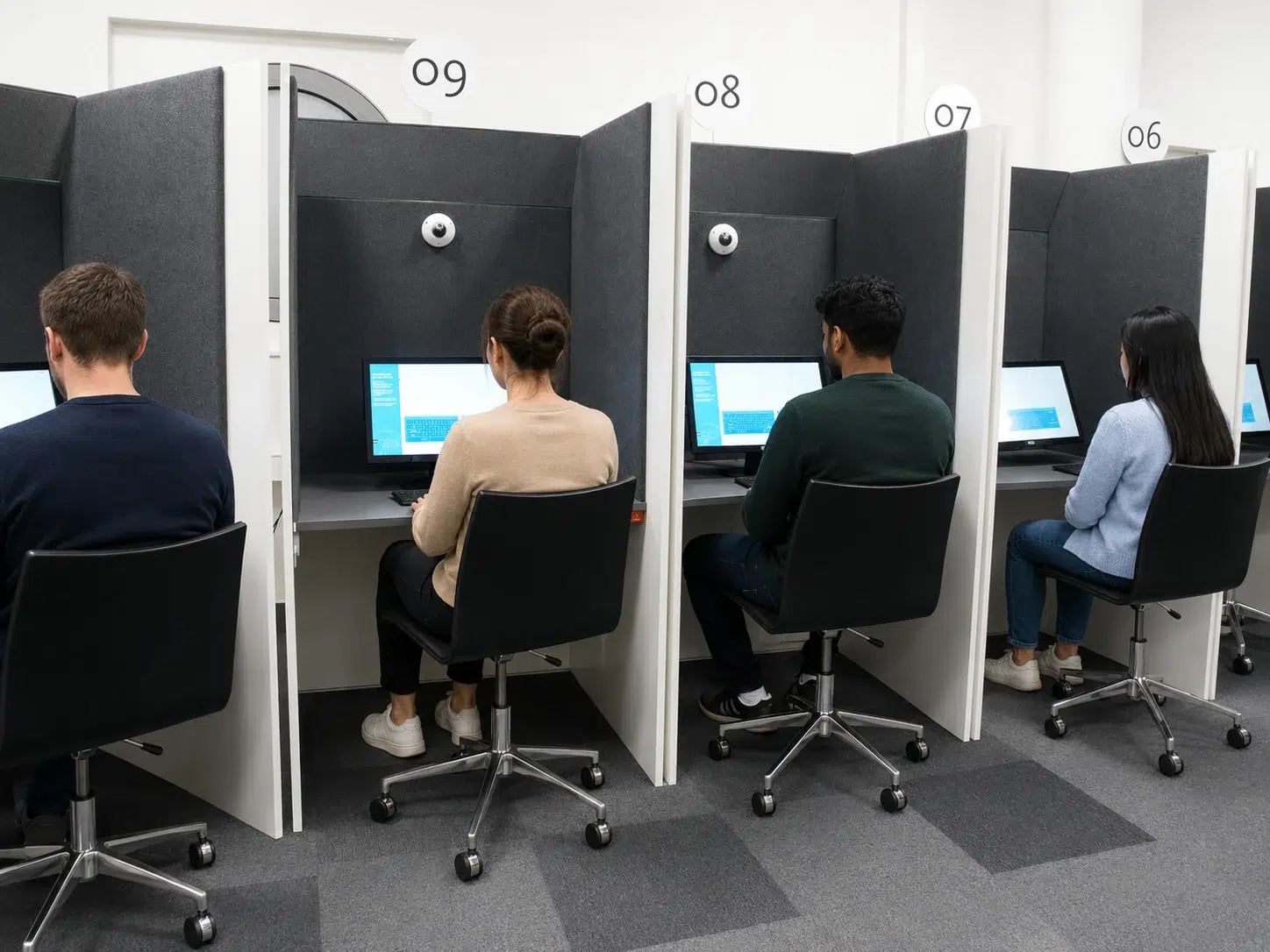 Candidates taking the CBR theory exam individually at computer workstations